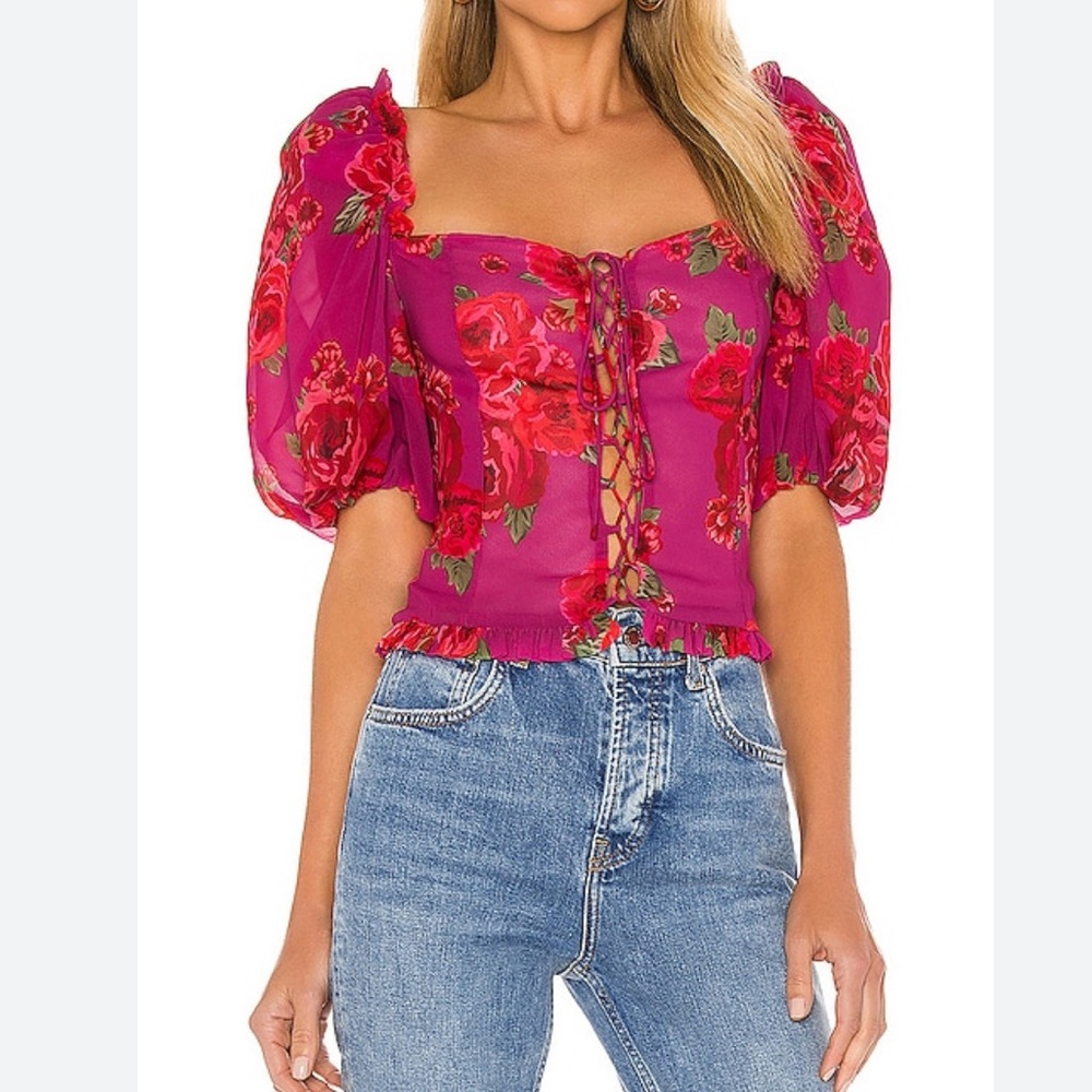 LPA Pink Floral Puff Sleeve Top